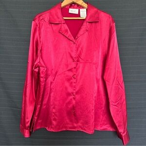 Vintage Kathie Lee Collection Red Satin Long Sleeve Button Front Shirt XL